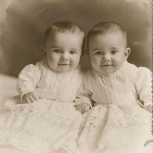 photo in antique sepia tones of happy identical twin baby boys dimples in their cheeks with lots of dark hair and dark eyes in late 1800’s dressed in old fashioned simple Christening white gowns