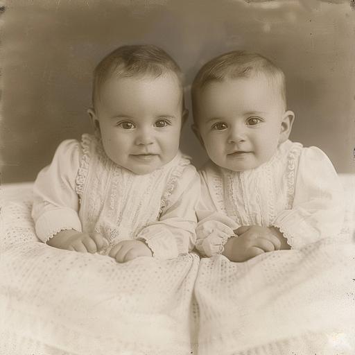 photo in antique sepia tones of happy identical twin baby boys dimples in their cheeks with lots of dark hair and dark eyes in late 1800’s dressed in old fashioned simple Christening white gowns
