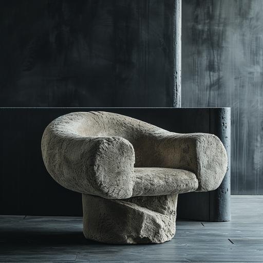 photo, modern robust concrete brutalist armchair inspired by yeti hair, on black concrete background, inspired by west elm --v 6.0 --s 250
