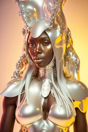 photo of Naomi Campbell dressed with melted milk armor :: ultra-wide shot, studio lighting, shot on Phase One, ISO 100, 4K, in the style of David Lachapelle --ar 2:3 --seed 2023 --q 2 --v 4