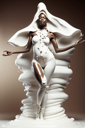 photo of Naomi Campbell dressed with melted milk armor :: ultra-wide shot, studio lighting, shot on Phase One, ISO 100, 4K, in the style of David Lachapelle --ar 2:3 --seed 2023 --q 2 --v 4