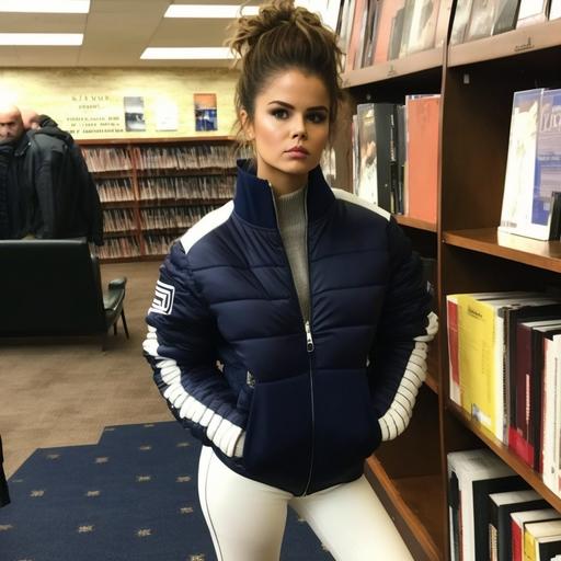 photo of Selena gomez facing the camera she is kneeing to the side in a library with a messy bun wearing silver creoles a navy blue puma leggings white sneaker and a navy blue puffer jacket with a white stripe and white puma logo. Her hands are in the jacket's pockets, She placed in an aisle of the library with a brown carpet and a lot of pile of books in the backround, natural lights fills the room