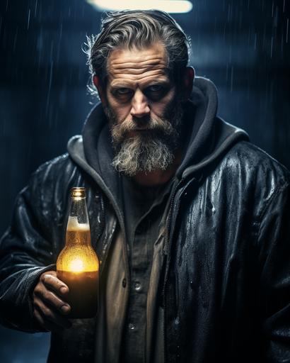 photo of a 40 year old man holding a beer bottle, heavy rain, water, blade runner, storm, rembrandt lighting, soft focus, high contrast --ar 4:5 --style raw