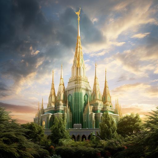 photo of a Mormon LDS temple with a decorative green and gold spire, hyper realistic photography