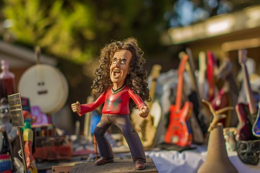 photo of a Weird Al Yankovic bobblehead doll being selled on a garage sale standing on a exhibition table. The doll is in pretty bad shape and dusty. 5 megapixels camera with no DOF. --ar 6:4 --stylize 1 --v 6.0