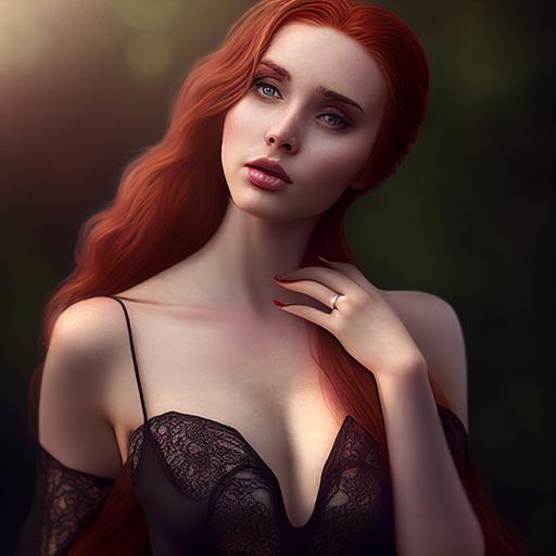 photo of a beautiful princess with long flowing red hair, wearing a revealing black lace nightgown, brutalism theme, 8K, taken with 24mm lens, ISO 100, f/16, 1/30sec --v 4