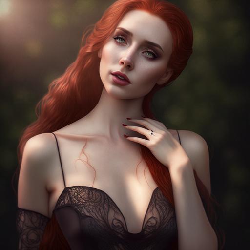 photo of a beautiful princess with long flowing red hair, wearing a revealing black lace nightgown, brutalism theme, 8K, taken with 24mm lens, ISO 100, f/16, 1/30sec --v 4