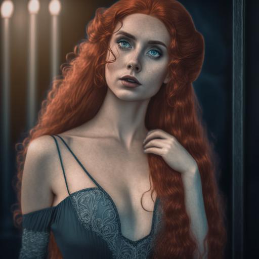 photo of a beautiful princess with long flowing red hair, wearing a revealing black lace nightgown, brutalism theme, 8K, taken with 24mm lens, ISO 100, f/16, 1/30sec --v 4