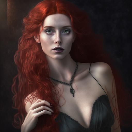 photo of a beautiful princess with long flowing red hair, wearing a revealing black lace nightgown, brutalism theme, 8K, taken with 24mm lens, ISO 100, f/16, 1/30sec --v 4