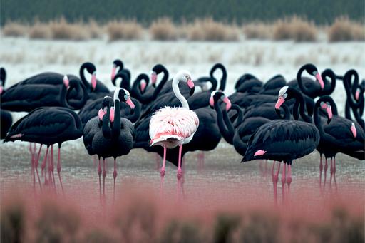 photo of a black feathered flamingo in the middle of hundreds of pink flamingos. feet in a salt lake. hyper-detailed, hyper-photorealistic, sharp-focus photography depth of field, 8k --v 4 --ar 3:2 --q 2