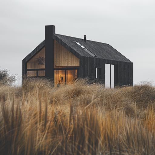 photo of a black small wooden house sitting on top of tall grass, in the style of modern minimalist, concrete and glass, sheesham timber, dutch marine scenes, weathercore, traditional-modern fusion, minimalist nature studies, timber frame construction, polymorphic design, parametric geometry, wimmelbilder, loong dragon windchime - Image #3  --v 6.0 --s 250