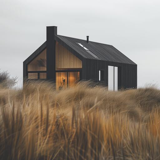 photo of a black small wooden house sitting on top of tall grass, in the style of modern minimalist, concrete and glass, sheesham timber, dutch marine scenes, weathercore, traditional-modern fusion, minimalist nature studies, timber frame construction, polymorphic design, parametric geometry, wimmelbilder, loong dragon windchime - Image #3  --v 6.0 --s 250