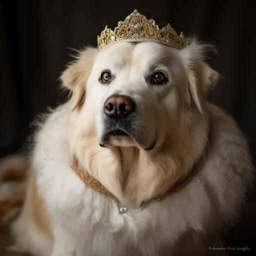 photo of a blonde Great Pyrenees staffordshire terrier mix dog wearing a white faux fur cape and a beautiful tiara on her head --v 5 --s 250