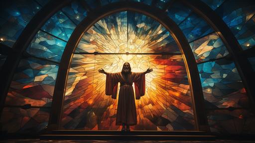 photo of a chapel with stained glass jesus imagery, dramatic lighting, bright stained glass, hyper-realistic, --ar 16:9 --v 5.2 --s 250 --style raw