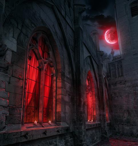 photo of a cinematic architecture castle wall, windows, in the night with red lights, resident evil enviroment, red curtains, candles, moon light --v 6.0 --ar 67:71