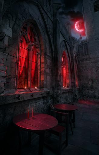 photo of a cinematic architecture castle wall, windows, in the night with red lights, resident evil enviroment, red curtains, candles, moon light --v 6.0 --ar 55:86