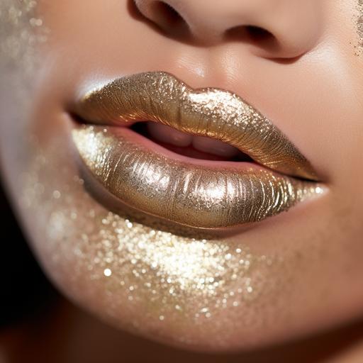 photo of a closeup beauty image showing juicy lips, silver glitter gold lip gloss --v 5.2