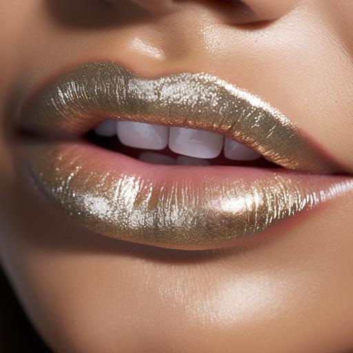 photo of a closeup beauty image showing juicy lips, silver glitter gold lip gloss --v 5.2