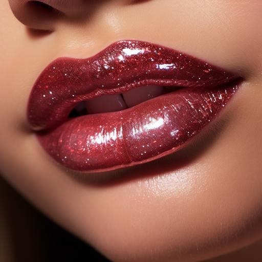 photo of a closeup beauty image showing juicy lips, transparent micro glitter lip gloss --v 5.2