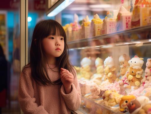photo of a cute japanese girl with long hair sad because she cannot eat the ice cream in the display glass --ar 4:3 --v 5.1