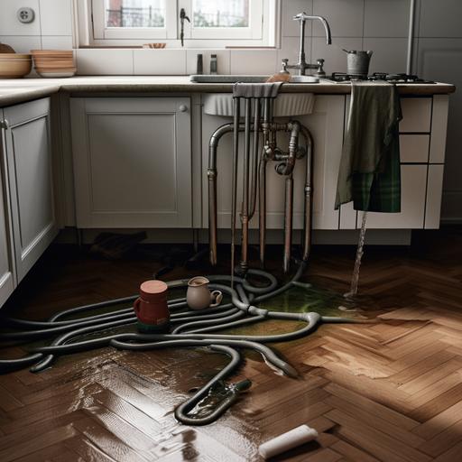 photo of a faucet with its pipes leaking with a lot of water flowing on the floor, in an upscale open-plan kitchen, clean and tidy, towels on the floor to soak up the leaking water, a crate to a plumber's tool lying next to the faulty pipes