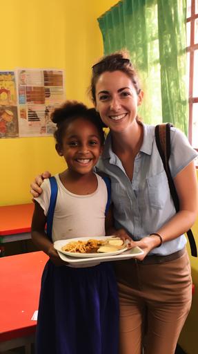 photo of a happy Brazilian teacher receiving a breakfast tray from an 8-year-old student background environment a classroom --ar 9:16