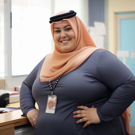 photo of a happy fat female arab teacher in dubai highschool --v 5.2
