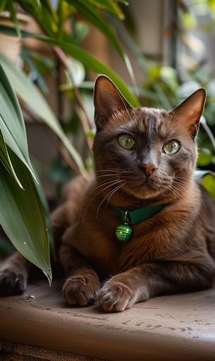 photo of a havana brown cat breed laying down looking at the camera with some plants in the background, cozy cottage background scene, --ar 3:5