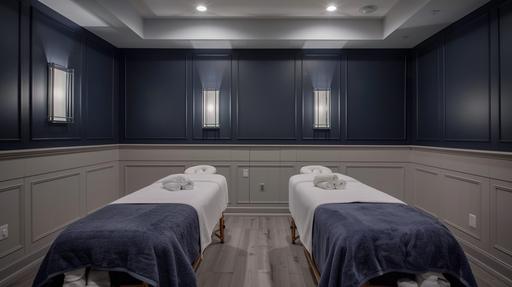 photo of a large massage room with navy blue wainscoting, white paint above . Soft, dimmed lighting. 2 Massage tables with towels in the center. --ar 16:9