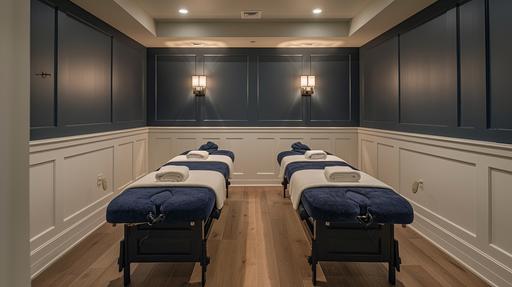 photo of a large massage room with navy blue wainscoting, white paint above . Soft, dimmed lighting. 2 Massage tables with towels in the center. --ar 16:9