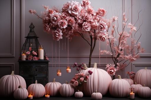 photo of a pink Halloween photo backdrop, pink and light pink pumpkins, pink Halloween decor, hyperrealistic, detailed --ar 3:2 --c 0 --s 750 --style raw