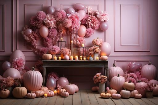 photo of a pink Halloween photo backdrop, pink and light pink pumpkins, pink Halloween decor, hyperrealistic, detailed --ar 3:2 --c 0 --s 750 --style raw