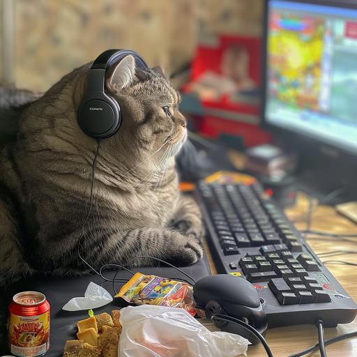 photo of a realistic cat, A fat cat, wearing headphones like a person, sat engrossed at the computer playing games, with snack bags and crumpled tissues scattered on the floor. --v 6.0