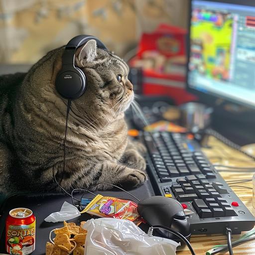 photo of a realistic cat, A fat cat, wearing headphones like a person, sat engrossed at the computer playing games, with snack bags and crumpled tissues scattered on the floor.