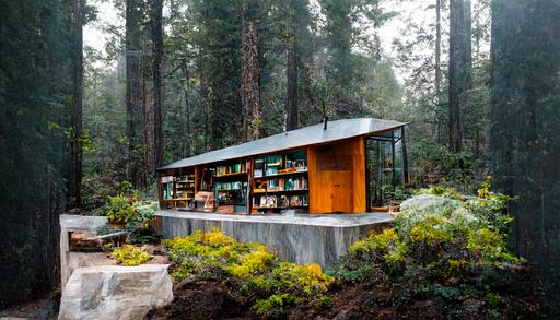 photo of a small library lifted up on a concrete podium, metal roof, wood framed, glass wall, surrounded by wild groundcover, in a dense forest in the Northern California mountains, angular rooflines, modern architecture, native wildlife —ar 16:9