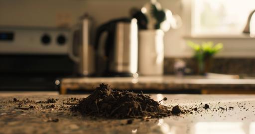 photo of a small pile of dirt on a kitchen counter, --ar 40:21 --s 50