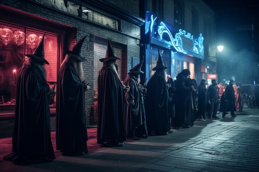 photo of a street scene outside of an exclusive nightclub for wizards after midnight. Too many wizards with long beards and pointed hats are standing in a line, waiting to get in, A large bouncer is checking IDs at the door. --v 5.2 --ar 3:2