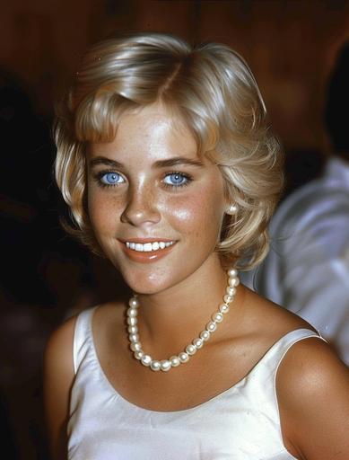 photo of a young Sue Lyon woman bustling, smiling and wearing a pearl necklace in a white dress in the style of Humphrey Bogart. She has voluminous blonde hair, big eyes and blue eyeliner in a 1960s style. --ar 35:46 --c 35 --s 400 --v 6.0 --sref