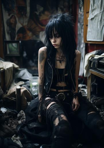 photo of a young goth crying in her trashed room, melancholy, Film style, 24 mm, Agfa Vista Plus 200, Canon RF35mm, 1/250, --ar 5:7 --v 5.2