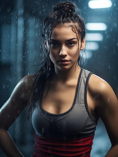 photo of a young woman working out in the gym, her elbows touching her navel, wet, slightly smiling, challenging yet passionate look --ar 3:4