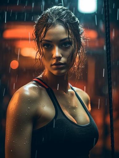photo of a young woman working out in the gym, her elbows touching her navel, wet, slightly smiling, challenging yet passionate look --ar 3:4