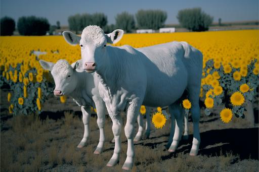 photo of albino cows, realistic animals, vogue, full body profile, black sunflowers, farm, farmhouse, bright image, photorealistic, 8k, 32k, 1080p, minolta SLR camera, kodak kodachrome film, --ar 3:2