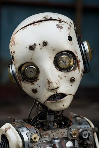 photo of an ugly robot clone android with broken doll faces and creepy eyes, uncanny valley warrior clones, ugly patchy hair and seborrheic dermatitis --ar 2:3