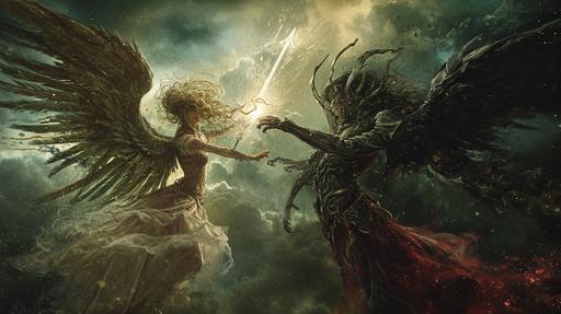 photo of azatoth fighting with a pretty angel in heaven, lovecraft, cosmic horror, medieval grunge --ar 16:9 --v 6.0