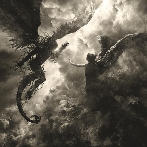 photo of azatoth fighting with a pretty angel in heaven, lovecraft, cosmic horror, medieval grunge --v 6.0