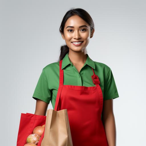 photo of beautiful Indonesian woman wearing red polo shirt and green apron, holding groceries shopping bag, studio setting white background, 4k resolution, professional photography, ultra-realistic