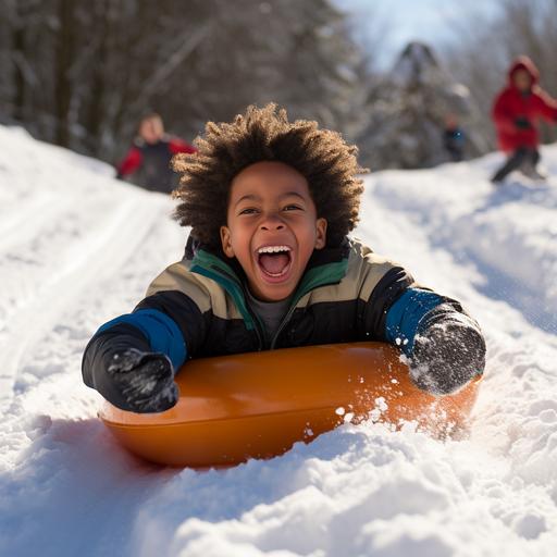 photo of brown-skin kid snow tubing down a hill head first