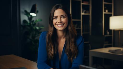 photo of brunette woman with long straight hair in dark blue top smiling face straight on to webcam sitting in chair in office at her desk with wall behind her. Woman is on a video call. The room is light --ar 16:9