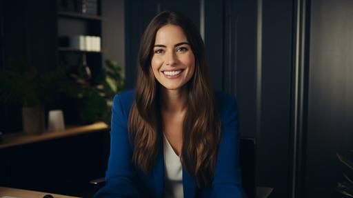photo of brunette woman with long straight hair in dark blue top smiling face straight on to webcam sitting in chair in office at her desk with wall behind her. Woman is on a video call. The room is white --ar 16:9