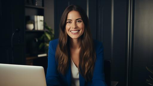 photo of brunette woman with long straight hair in dark blue top smiling face straight on to webcam sitting in chair in office at her desk with wall behind her. Woman is on a video call. The room is white --ar 16:9 --seed 2333821348
